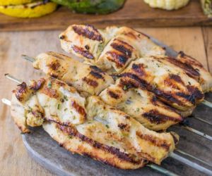 Grilled chicken skewers with mustard sauce