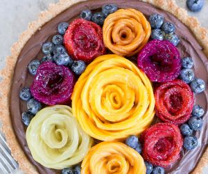 Chocolate Mousse Tart with Coconut Crust + Fresh Fruit Flowers (Gluten Free, Paleo + Vegan)