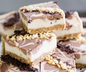 No Bake Chocolate Peanut Butter Cheesecake Bars (Gluten Free, Refined Sugar Free + Vegan)