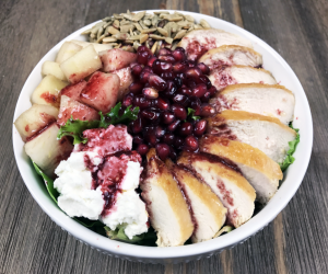 Pomegranate Pear Salad with Grilled Chicken and Cherry-Lime Dressing