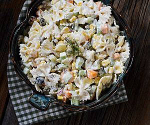 tangy and creamy dill pickle veggie pasta salad