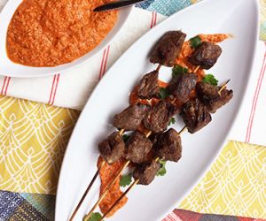Grilled Fullblood Wagyu Beef Kabobs with Romesco Sauce